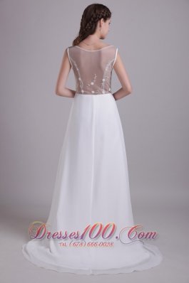 Scoop Neck Floor-length Wedding Gown Chiffon Brush Train Beading