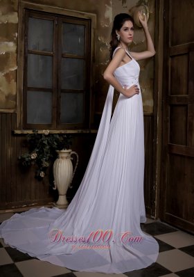 Taffeta and Chiffon Pleated Bridal Dress V-neck Watteau Train