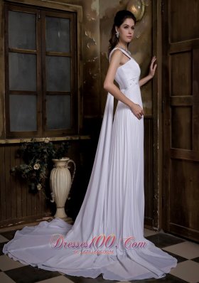 Taffeta and Chiffon Pleated Bridal Dress V-neck Watteau Train