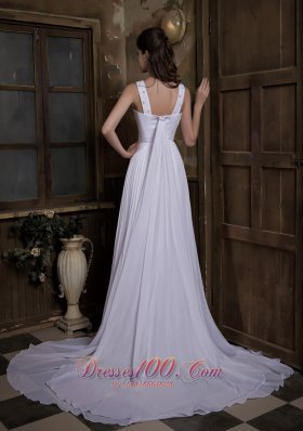 Taffeta and Chiffon Pleated Bridal Dress V-neck Watteau Train