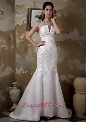 Strapless Mermaid Satin Bridal Gown With Court Train Appliques