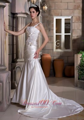 Taffeta Chapel Train One Shoulder Wedding Dress Appliques Ruch