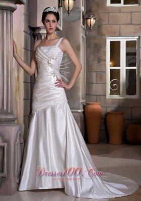 Taffeta Chapel Train One Shoulder Wedding Dress Appliques Ruch