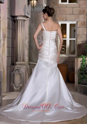 Taffeta Chapel Train One Shoulder Wedding Dress Appliques Ruch