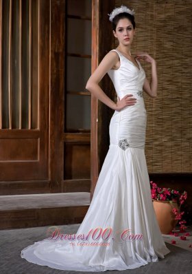 V-neck Mermaid Taffeta Wedding Dress Ruch and Beading Court Train