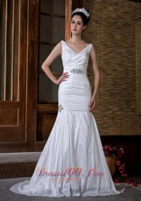 V-neck Mermaid Taffeta Wedding Dress Ruch and Beading Court Train