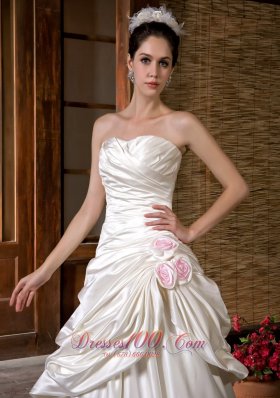 Chapel Train Strapless Wedding Gown Ruch Hand Made Flowers Satin