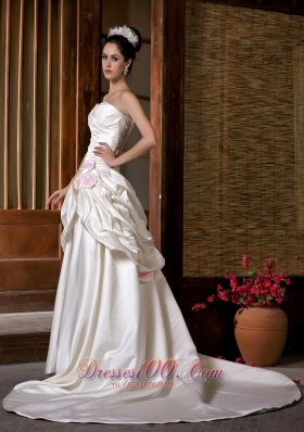 Chapel Train Strapless Wedding Gown Ruch Hand Made Flowers Satin