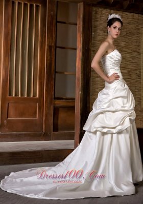 Chapel Train Strapless Wedding Gown Ruch Hand Made Flowers Satin