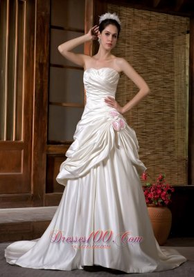 Chapel Train Strapless Wedding Gown Ruch Hand Made Flowers Satin