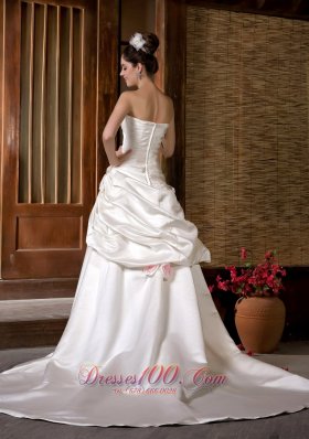 Chapel Train Strapless Wedding Gown Ruch Hand Made Flowers Satin