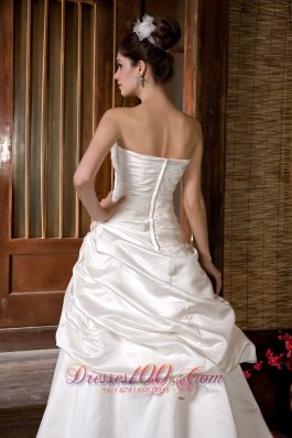 Chapel Train Strapless Wedding Gown Ruch Hand Made Flowers Satin