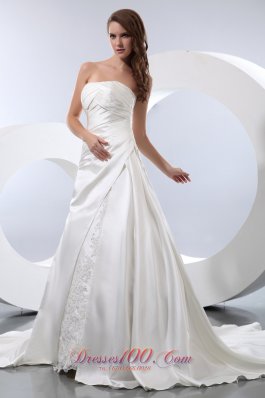 A-line Strapless Ruched Bridal Wedding Gown Chapel Train Satin