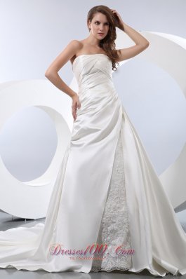 A-line Strapless Ruched Bridal Wedding Gown Chapel Train Satin