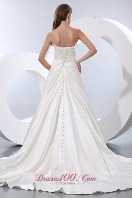 A-line Strapless Ruched Bridal Wedding Gown Chapel Train Satin