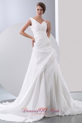 Taffeta V-neck Chapel Train Bridal Gown Appliques With Beading