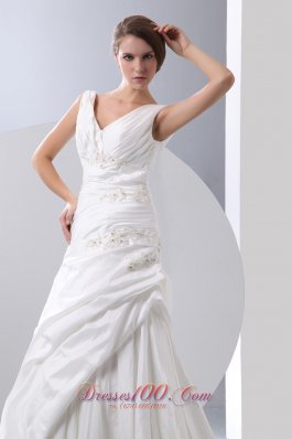 Taffeta V-neck Chapel Train Bridal Gown Appliques With Beading