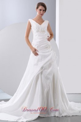 Taffeta V-neck Chapel Train Bridal Gown Appliques With Beading