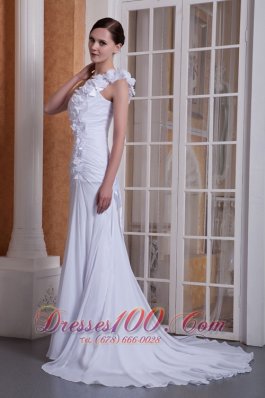 One Shoulder Brush Train Wedding Dress Chiffon Hand Made Flower