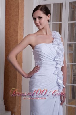 One Shoulder Brush Train Wedding Dress Chiffon Hand Made Flower