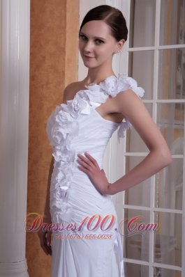 One Shoulder Brush Train Wedding Dress Chiffon Hand Made Flower