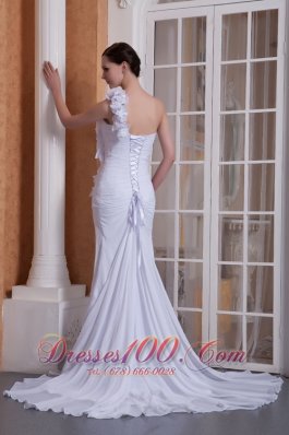 One Shoulder Brush Train Wedding Dress Chiffon Hand Made Flower