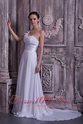 One Shoulder Chiffon Wedding Dress Empire Ruch Court Train