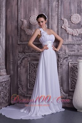 One Shoulder Chiffon Wedding Dress Empire Ruch Court Train