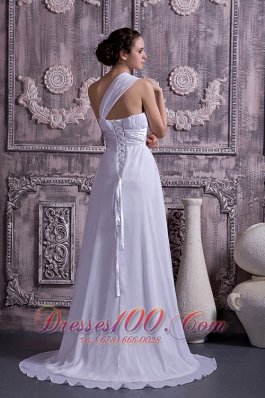 Chiffon Wedding Dress One Shoulder Empire Court Train Ruch