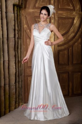 V-neck Straps Elastic Woven Satin A-line Beaded Wedding Gown