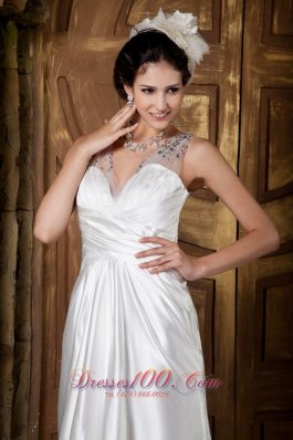 V-neck Straps Elastic Woven Satin A-line Beaded Wedding Gown