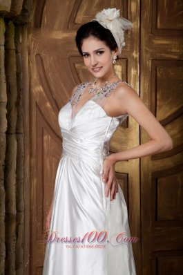 V-neck Straps Elastic Woven Satin A-line Beaded Wedding Gown