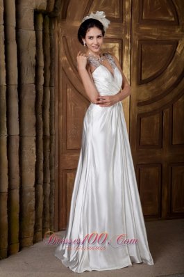 V-neck Straps Elastic Woven Satin A-line Beaded Wedding Gown