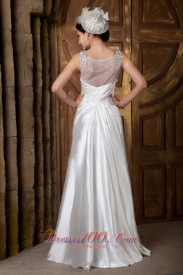 V-neck Straps Elastic Woven Satin A-line Beaded Wedding Gown