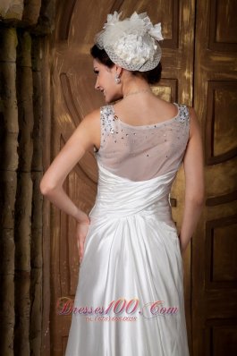 V-neck Straps Elastic Woven Satin A-line Beaded Wedding Gown