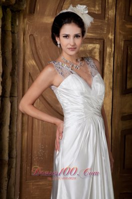 V-neck Straps Elastic Woven Satin A-line Beaded Wedding Gown