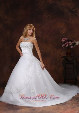 Chapel Train Bridal Dress Strapless Appliques and Beading