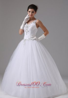 Appliques Decorated Straps Ball Gown Tulle Wedding Dress