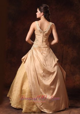 Champagne Taffeta Organza Straps Appliques Bridal Dress Scoop