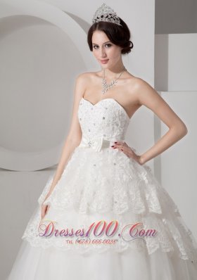 Sweetheart Tulle A-line Bridal Gown Court Train Sash and Beading