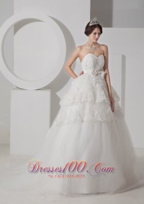 Sweetheart Tulle A-line Bridal Gown Court Train Sash and Beading