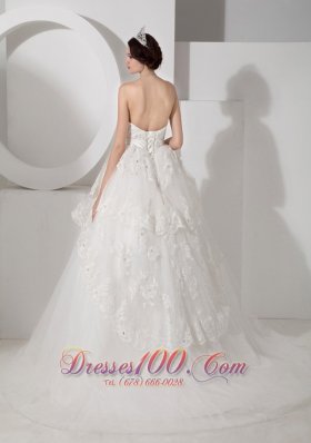 Sweetheart Tulle A-line Bridal Gown Court Train Sash and Beading