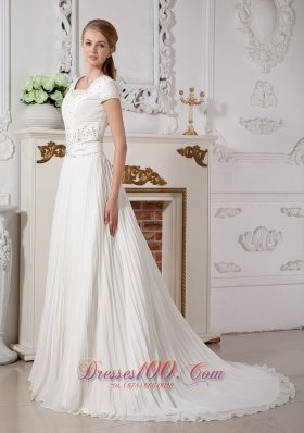 Square Short Sleeves Beading Wedding Dress Chiffon Court Train