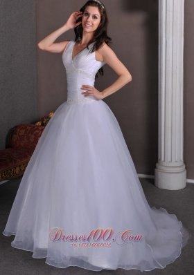 Ruch Beading Bridal Dress Taffeta and Tulle V-neck Court Train