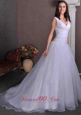 Ruch Beading Bridal Dress Taffeta and Tulle V-neck Court Train