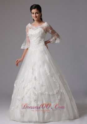 V-neck 3/4 Sleeves A-line Lace Decorated Wedding Dress In Tulle