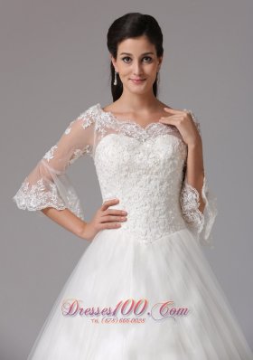 V-neck 3/4 Sleeves A-line Lace Decorated Wedding Dress In Tulle