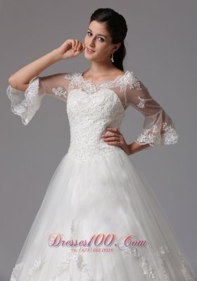 V-neck 3/4 Sleeves A-line Lace Decorated Wedding Dress In Tulle