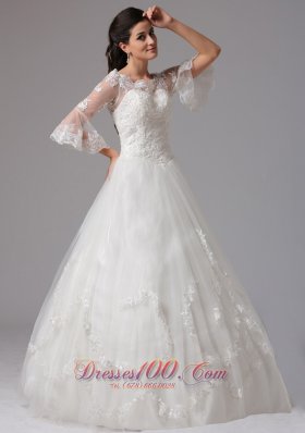 V-neck 3/4 Sleeves A-line Lace Decorated Wedding Dress In Tulle