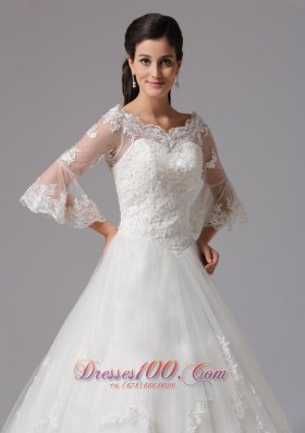 V-neck 3/4 Sleeves A-line Lace Decorated Wedding Dress In Tulle